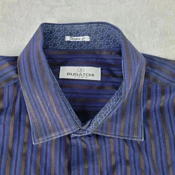 Bugatchi Shaped Fit Flip Cuff Button Up Shirt Men's Size XXL Purple Striped - Picture 4 of 8
